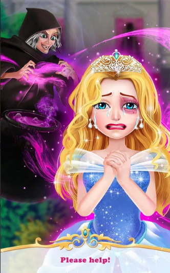 An image from the game, showing the witch "cursing" the princess with a purple spot on her eye.