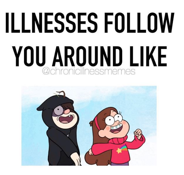 meme with text illnesses follow you around like and cartoon of girl being followed by cat