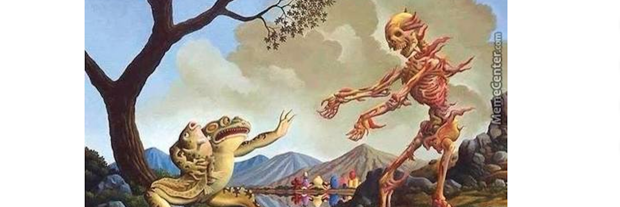 16 Memes That Describe Getting Sick When You Already Have an Illness when somebody who has the flu tries to give you a hug, with photo of skeleton trying to hug frog