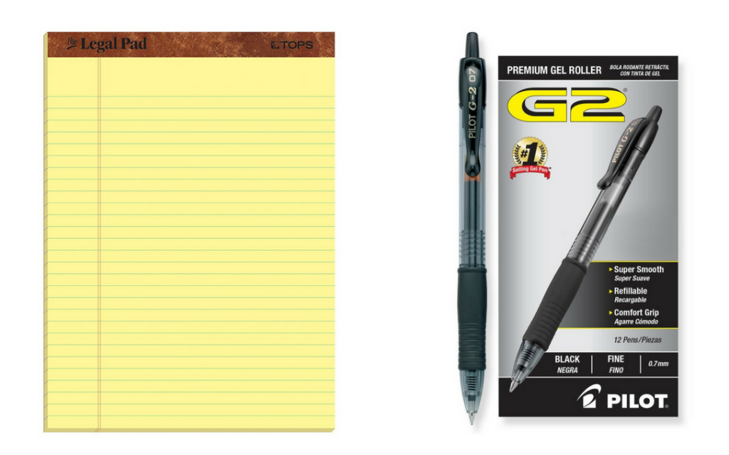 legal notepad and pack of pens