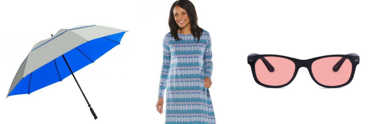 17 Products People With Photosensitivity Use During the Summer uv cloth umbrella, woman wearing a coolibar dress, theraspecs sunglasses