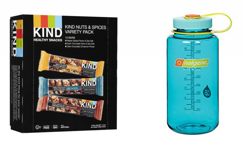 kind bars and nalgene water bottle