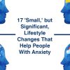 four painted heads, profile, all blue and abstract. Text reads: 17 small but significant lifestyle changes that help people with anxiety