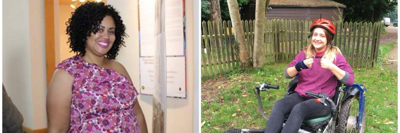 15 Photos That Show the 'Gray Area' of Chronic Illness woman smiling wearing pink dress and girl giving thumbs up in all terrain wheelchair