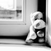 hippo toy on window sill black and white
