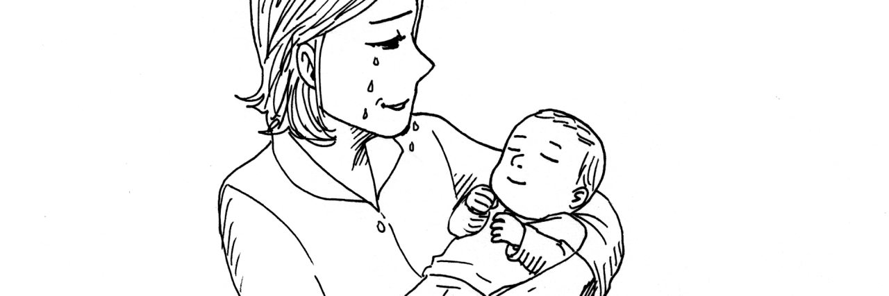 You Can't Just Snap Out of Postpartum Depression drawing of woman holding baby wondering why she is crying