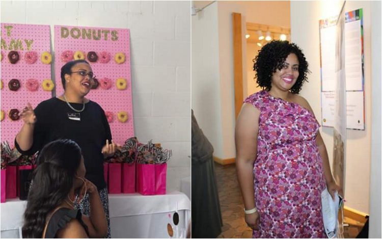 two photos of woman, one presenting to group and another smiling at party