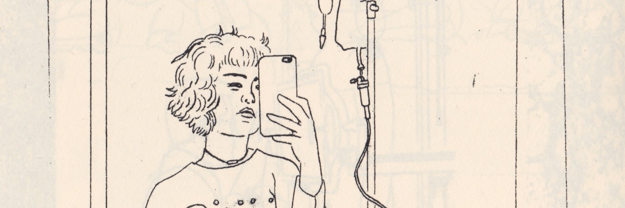 Existing and Resisting With a Chronic Illness illustration by grant gronewold of a woman taking a selfie. she has short hair, is wearing a t-shirt, and is hooked up to an IV drip and monitors