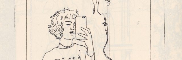 illustration by grant gronewold of a woman taking a selfie. she has short hair, is wearing a t-shirt, and is hooked up to an IV drip and monitors