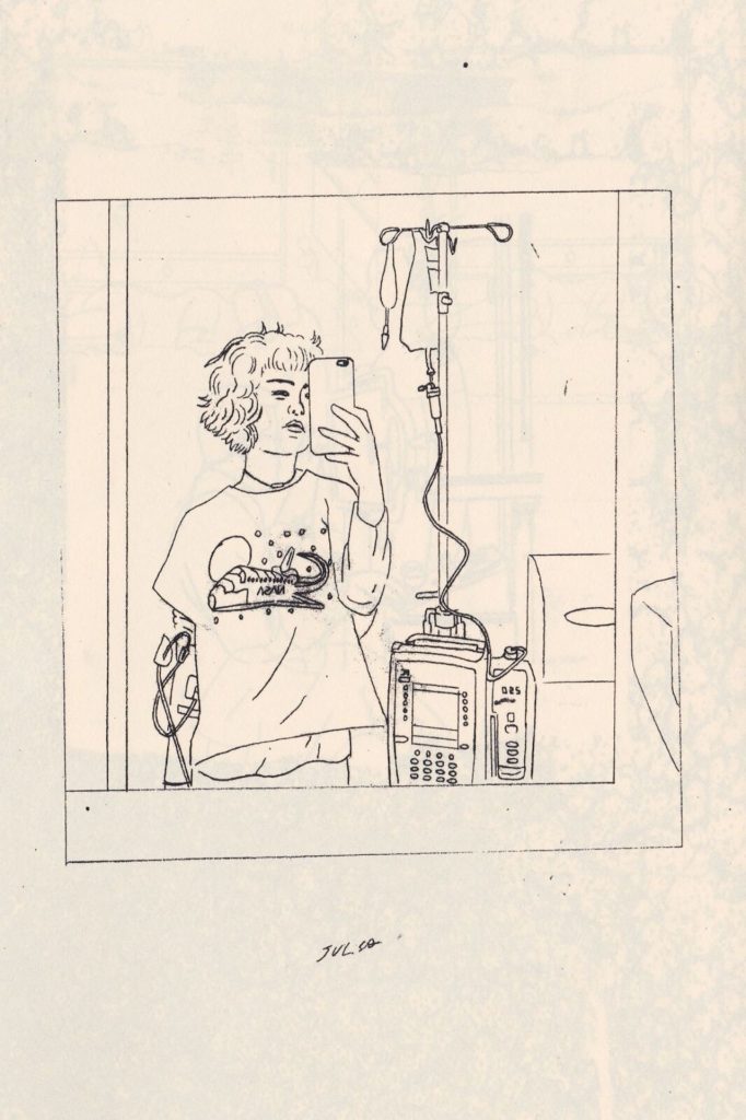 illustration by grant gronewold of a woman taking a selfie. she has short hair, is wearing a t-shirt, and is hooked up to an IV drip and monitors