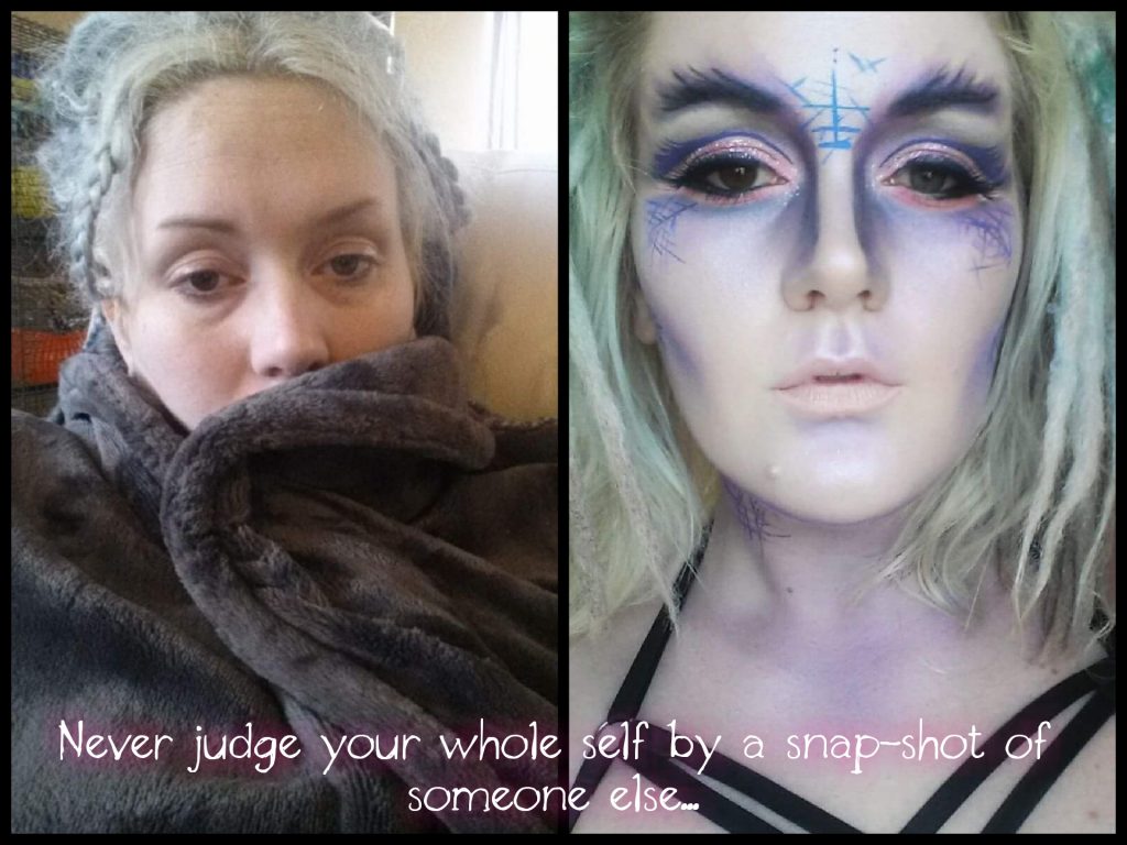 side by side photos of a woman. in the left photo she's wrapped in a blanket with her hair up and no makeup. in the right photo she is wearing a lot of makeup