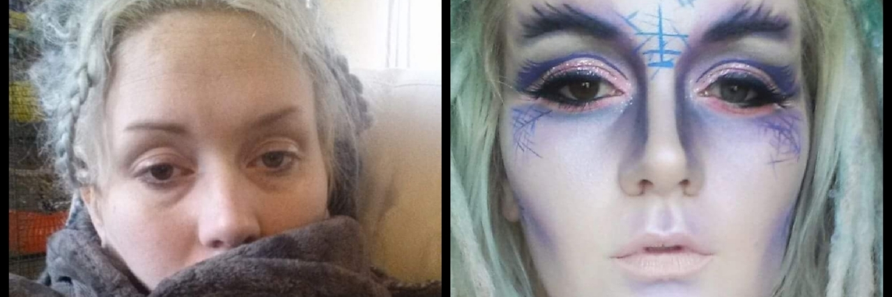 What the Reality of Chronic Illness Looks Like Behind My 'Mask' side by side photos of a woman. in the left photo she's wrapped in a blanket with her hair up and no makeup. in the right photo she is wearing a lot of makeup