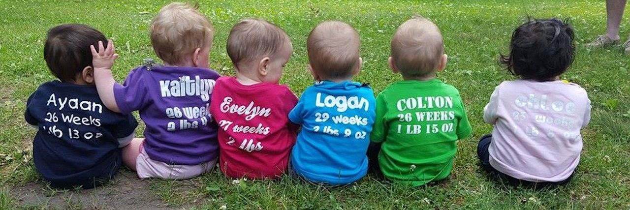 To the Moms in the NICU: Find Your People Back of 6 babies with t-shirts showing their name, when they were born and how much they weighed as preemies