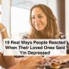 Two friends getting coffee at a coffee shop, looking at each other. Text says: 19 Real Ways People Reacted When Their Loved Ones Said 'I'm Depressed'