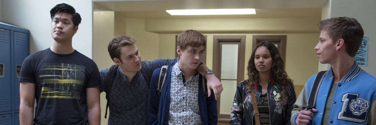 Netflix Cancels '13 Reasons Why' Premiere After School Shooting Zach, Bryce, Alex, Jessica and Scott from "13 Reasons Why"