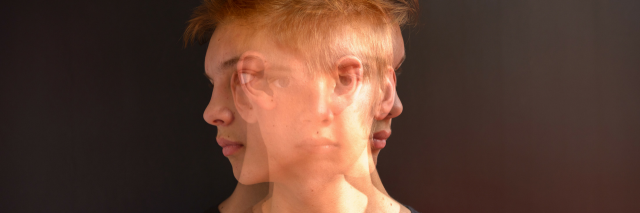 teenage boy double exposure of face turning