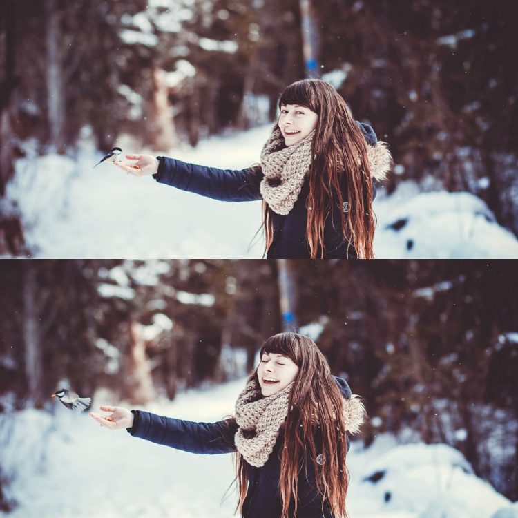 two photos of woman in snowy woods with a bird