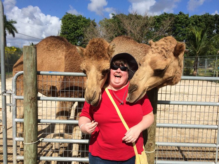 woman standing in front of two camels 