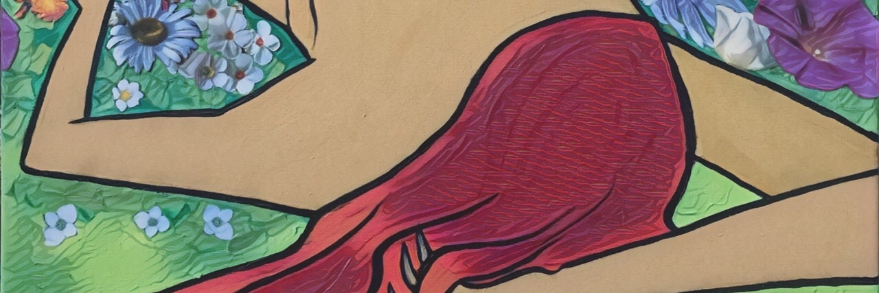 How I'm Using My Artwork to Bring Visibility to Life With ME An image of a woman laying in the grass, with her hair flowing into the grass as her feet are directed towards flowers.