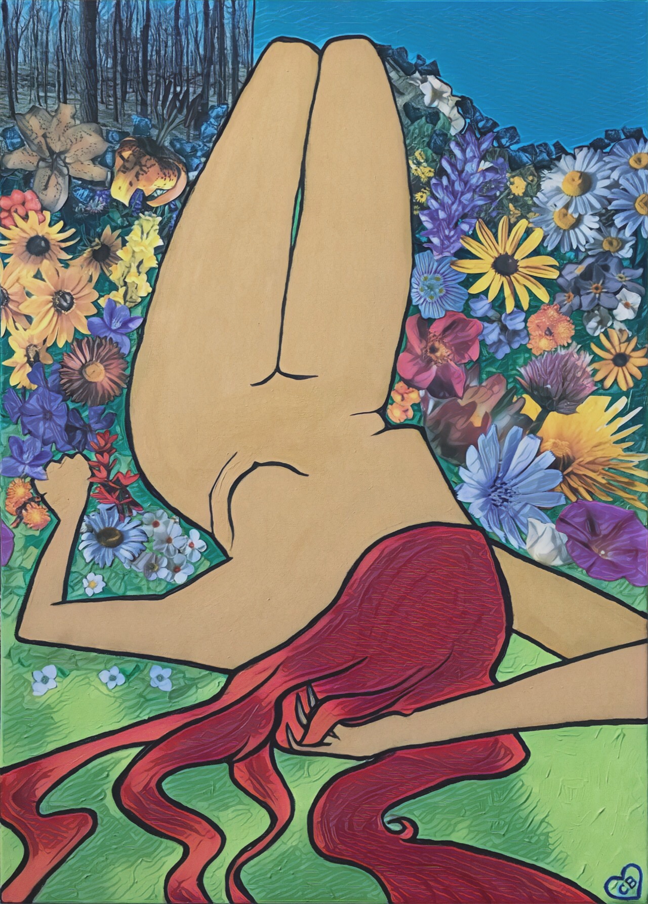 An image of a woman laying in the grass, with her hair flowing into the grass as her feet are directed towards flowers.