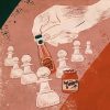 Bottles of ketchup and jam amidst chess pieces. Illustration by Kaitlyn Liang Kraybill-Voth.