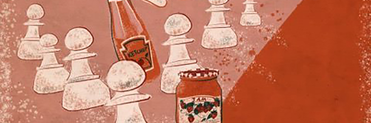 Bottles of ketchup and jam amidst chess pieces. Illustration by Kaitlyn Liang Kraybill-Voth.