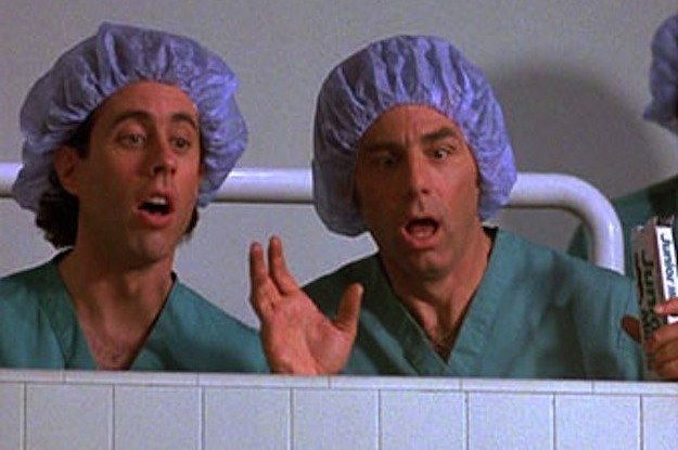 a picture of Seinfeld and Kramer in scrubs looking shocked