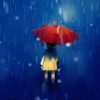 digital painting of girl with red umbrella in rainy at night, acrylic on canvas texture, story telling illustration