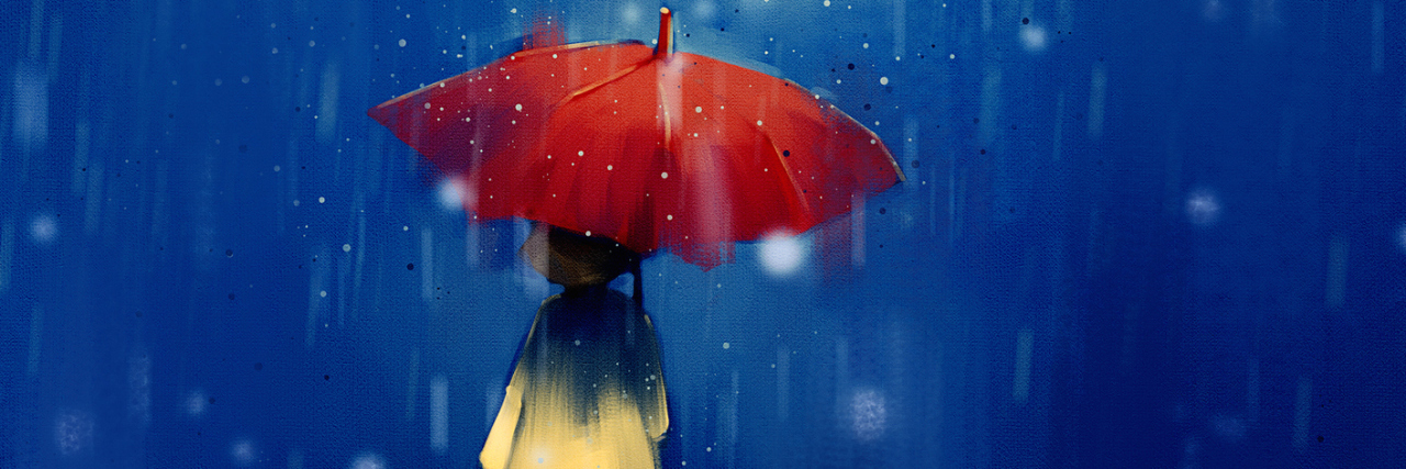 7 Psychological Impacts of Surviving Childhood Trauma digital painting of girl with red umbrella in rainy at night, acrylic on canvas texture, story telling illustration