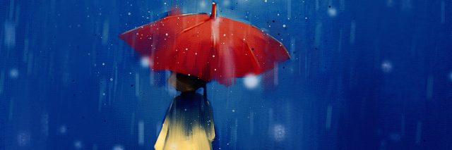 digital painting of girl with red umbrella in rainy at night, acrylic on canvas texture, story telling illustration