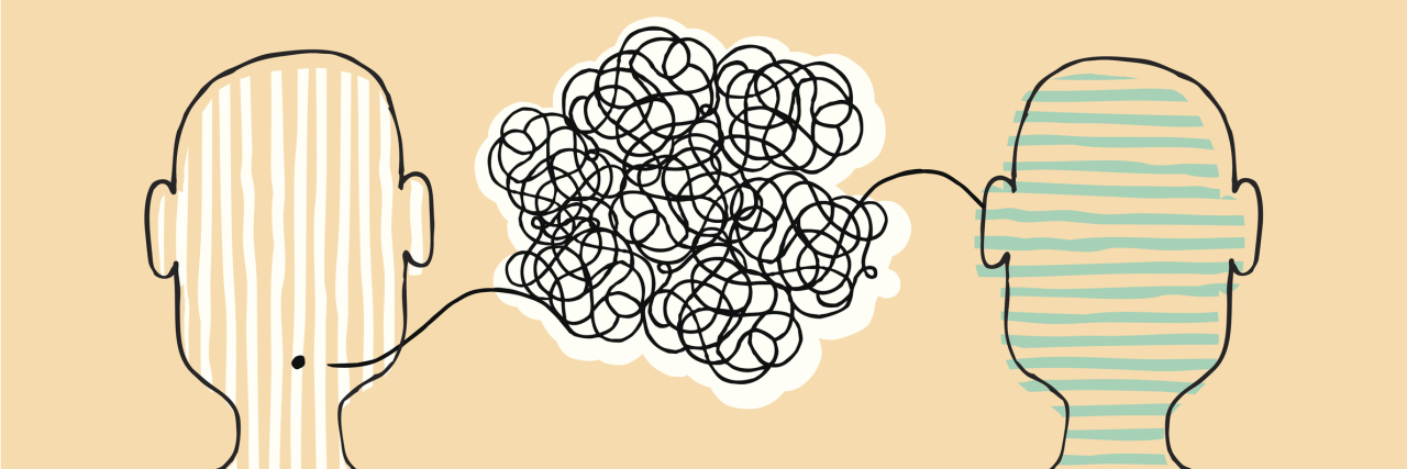 Why We Have to Talk About Our Illnesses An illustraion of two people communicating, with a scribbled speech bubble between them.