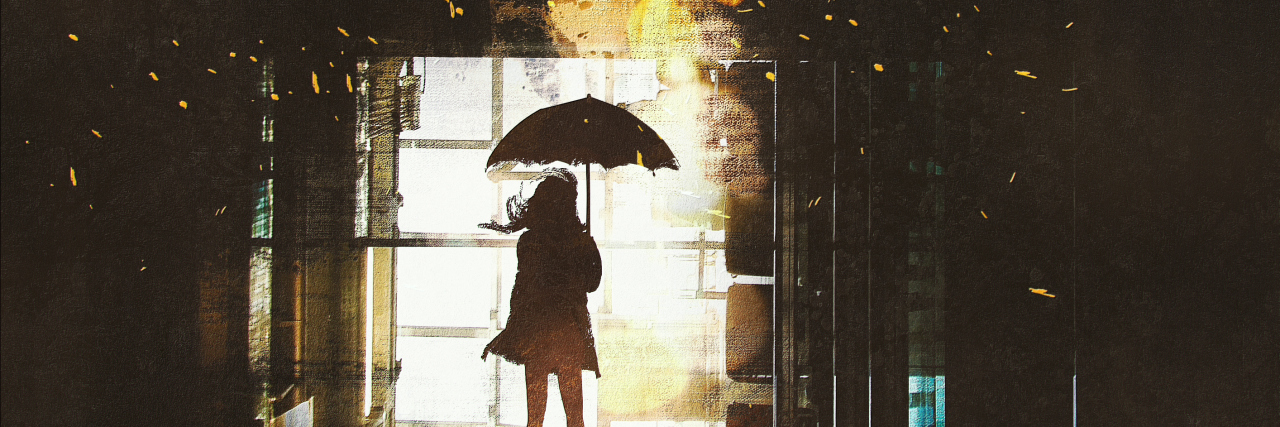 When Your Mental Illness Story Doesn't Have a Happy Ending silhouette of woman with umbrella standing at window with bright light from outside,illustration painting