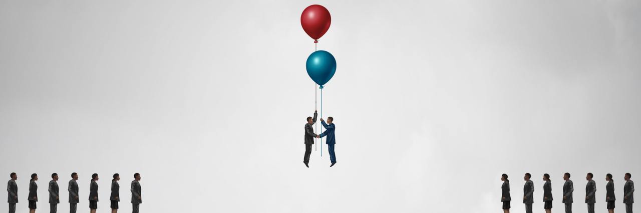 For the Those Fighting an Invisible Illness, and for Their Loved Ones An image of a gap, but two people holding onto balloons and floating together in the middle of the gap.