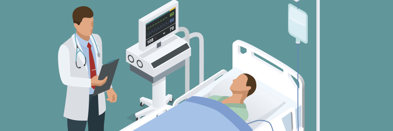illustration of doctor talking to a patient in a hospital bed