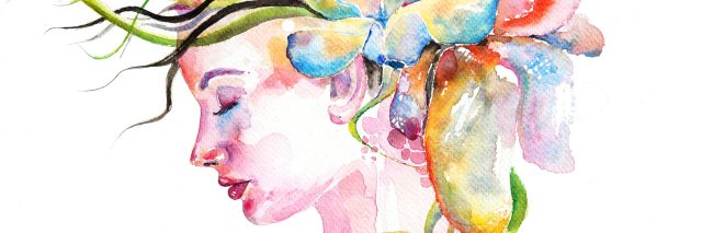 Watercolor illustration representing young girl face with lowers in her hair. Flowers are in light blue and pink colors.