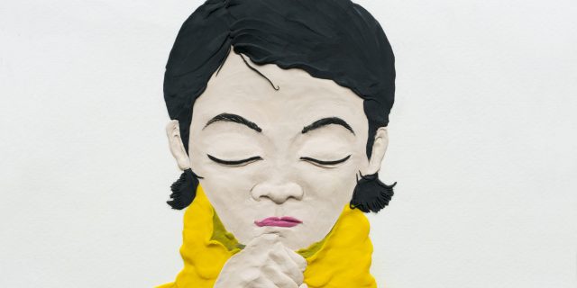 clay illustration: girl thinking, hand supporting chin