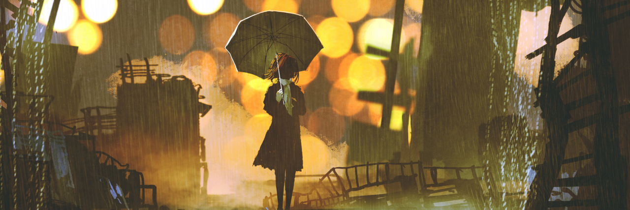rainy night scene of woman holding umbrella standing alone in abandoned city, digital art style, illustration painting