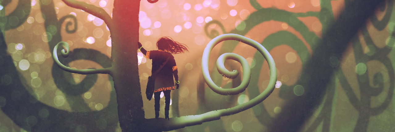 The One Thing We Need to Stop Doing While in Eating Disorder Recovery girl standing on a branch of a fantasy tree in enchanted forest, digital art style, illustration painting