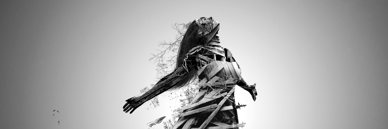 What Strength Means When You Have a Disability Artistic image of woman made of broken wood looking towards the sky.