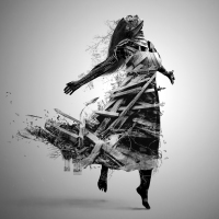 Artistic image of woman made of broken wood looking towards the sky.