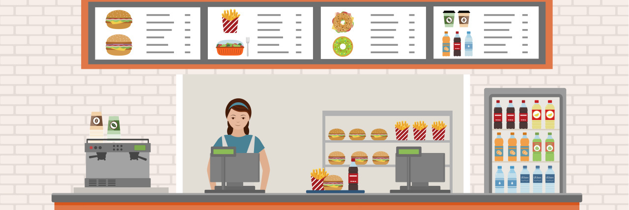 Low Vision and Fast Food Signs Fast food restaurant interior drawing.