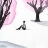 Watercolor illustration of lonely woman in the forest