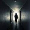 woman walking down dark hallway towards light