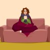 illustration of woman sitting on the couch wrapped in a blanket and drinking tea