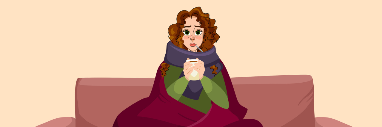 How Fibromyalgia Can Worsen a Cough or Cold illustration of woman sitting on the couch wrapped in a blanket and drinking tea