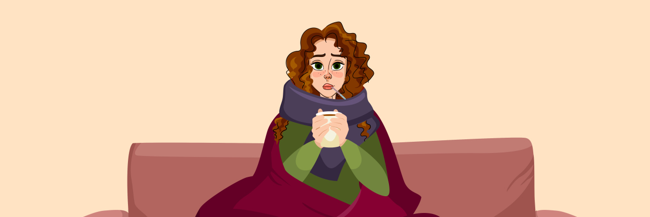 To Chronically Ill Mothers on Mother's Day Sick girl with thermometer holding cup of tea suffering from temperature