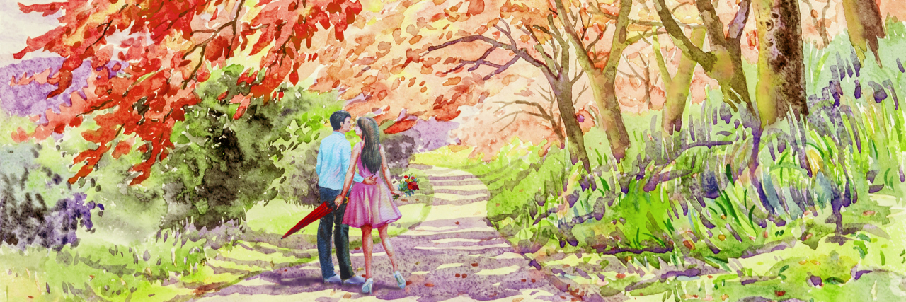 How My Wife's Chronic Pain Made Our Marriage Stronger A watercolor of a couple walking down a pathway in a park.