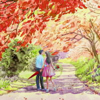 A watercolor of a couple walking down a pathway in a park.