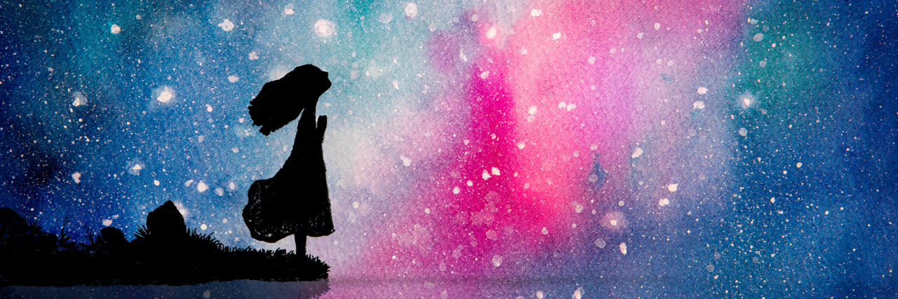 The Struggle to Find Purpose With Fibromyalgia Watercolor painting of girl pray to star for peaceful and hope in the dark night