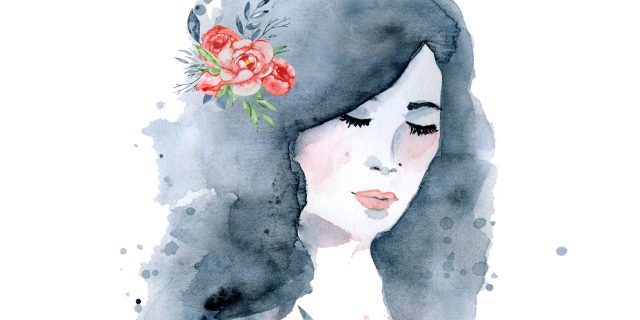 watercolor painting of a woman surrounded by roses